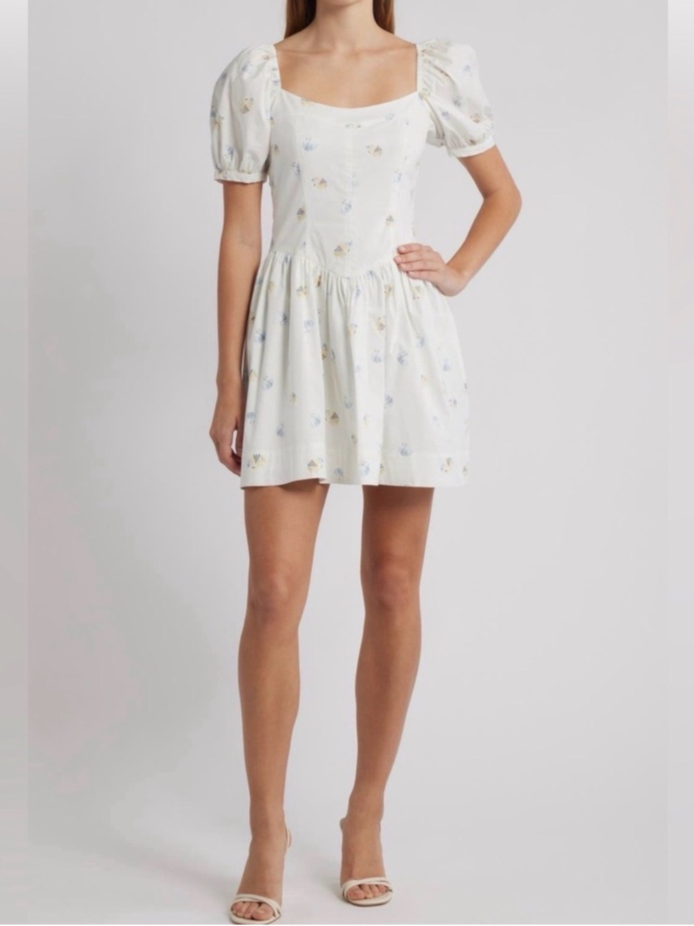 WAYF Fiona Cotton Cream Puff-Sleeve Mini Dress with Delicate Print Sz L